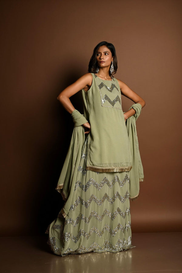 Pastel Green Kurta Lehenga Set with Sequin Work and Matching Dupatta - Anvi Couture