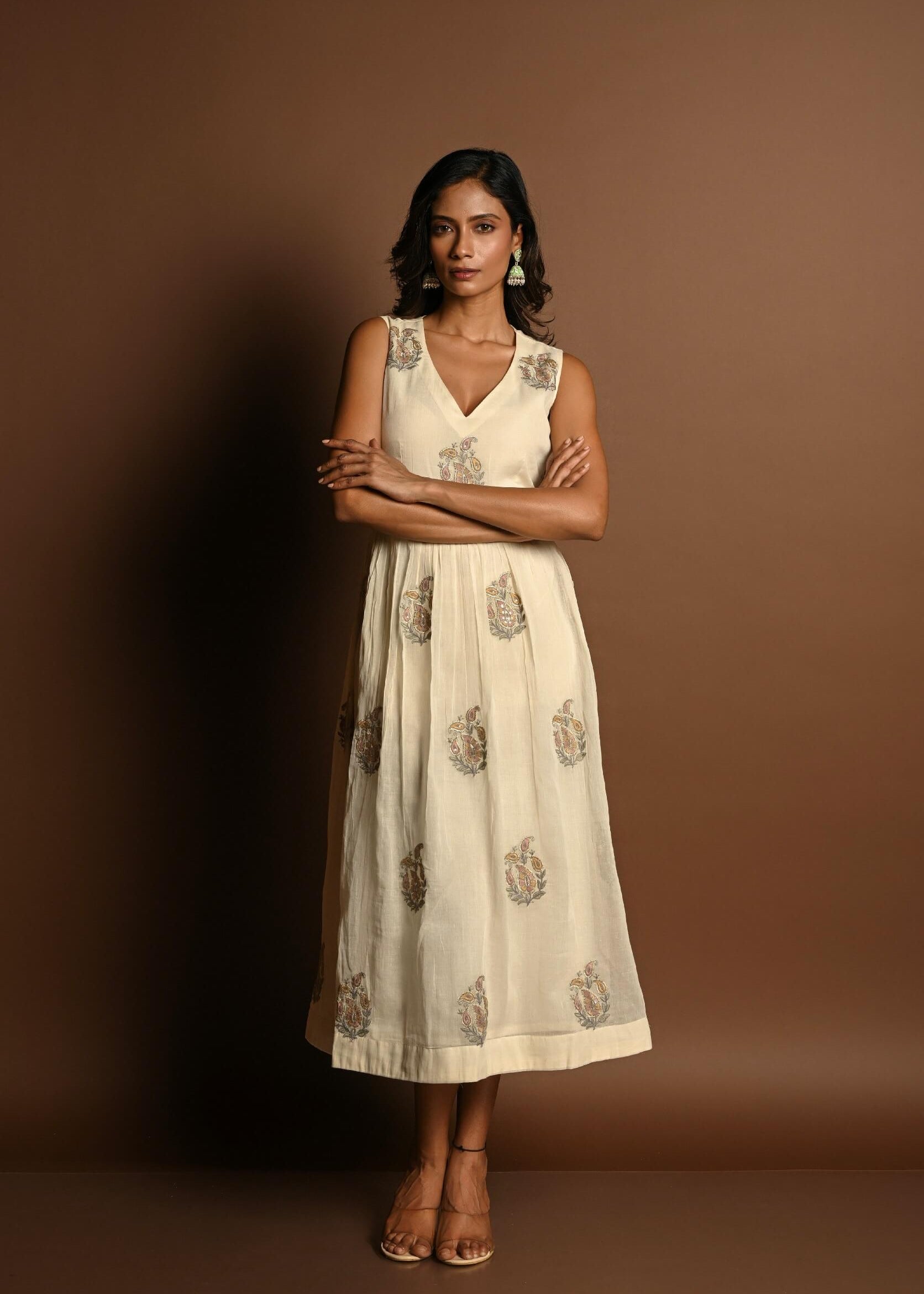 Off White Midi Dress for Woman for Party Wear - Anvi Couture