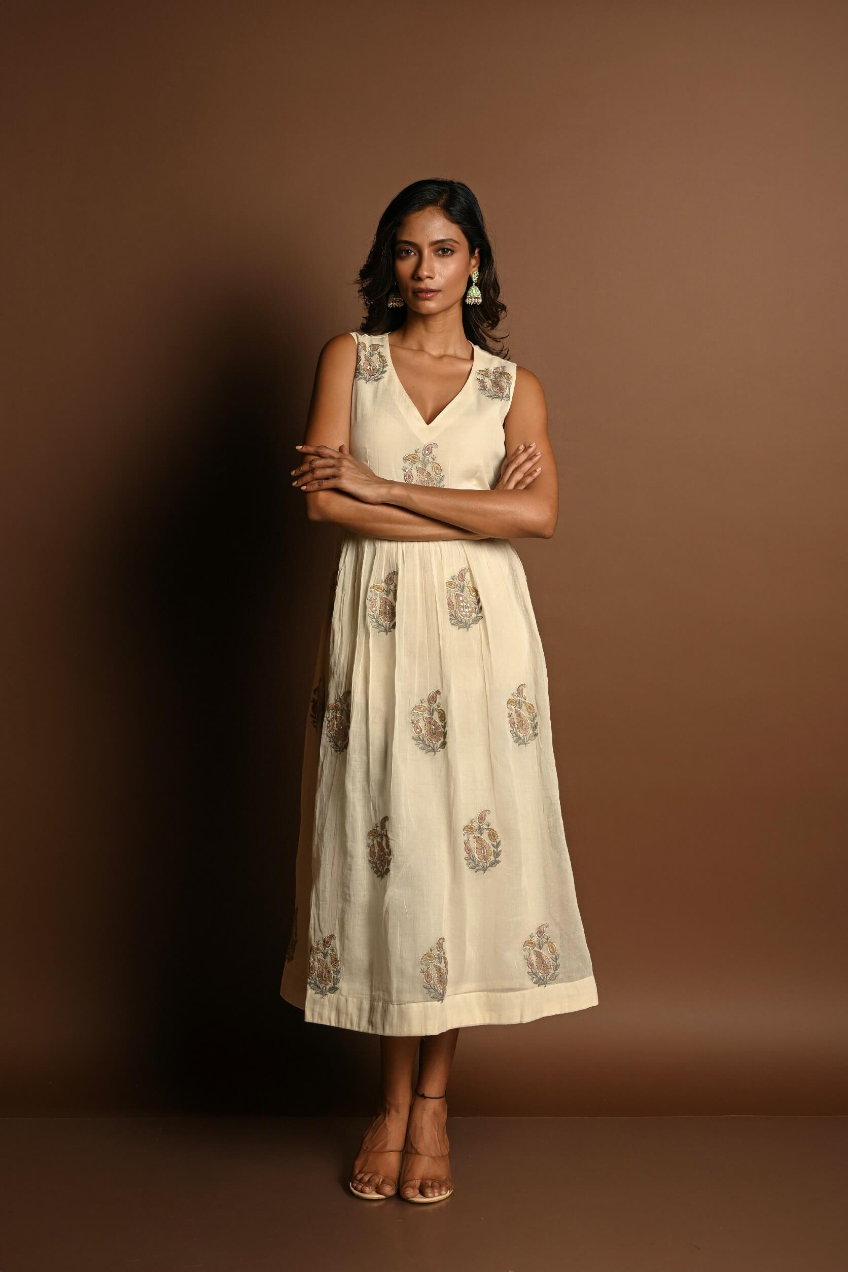 Off White Midi Dress for Woman for Party Wear - Anvi Couture