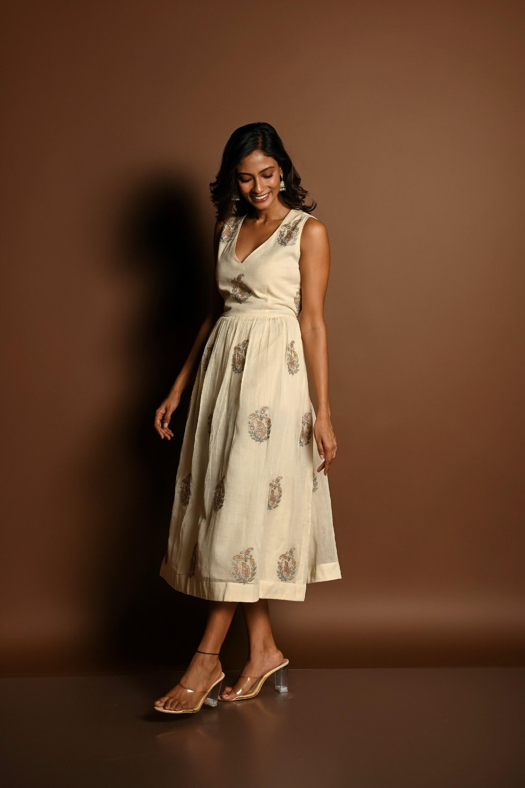 Off White Midi Dress for Woman for Party Wear - Anvi Couture