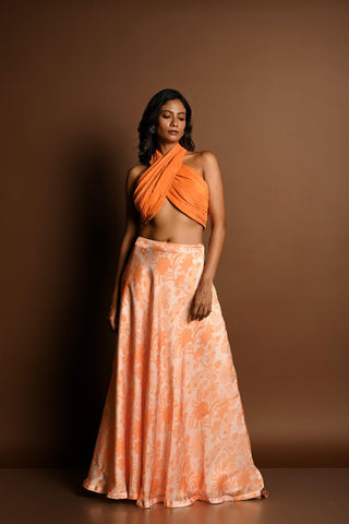 Orange Lehenga Set with Halter Neck Top and Printed Skirt