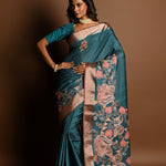 Teal Blue Kantha Stitch Saree in Silk with Gold Border - Anvi Couture