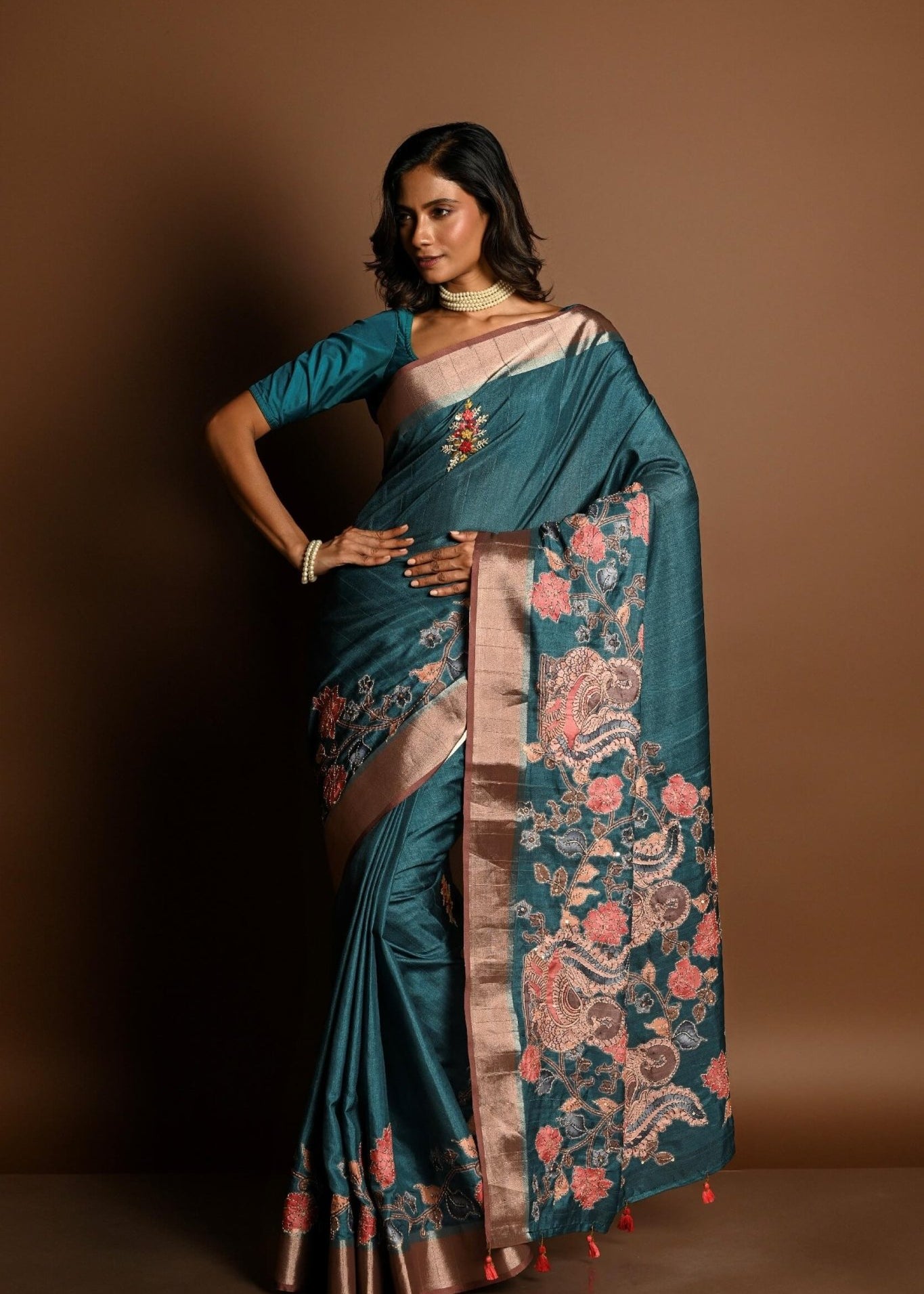 Teal Blue Kantha Stitch Saree in Silk with Gold Border - Anvi Couture