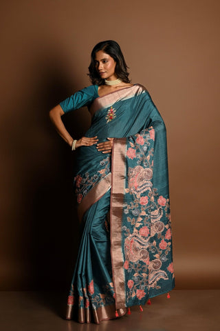 Teal Blue Kantha Stitch Saree in Silk with Gold Border