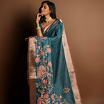 Teal Blue Kantha Stitch Saree in Silk with Gold Border - Anvi Couture