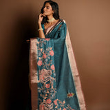 Teal Blue Kantha Stitch Saree in Silk with Gold Border - Anvi Couture