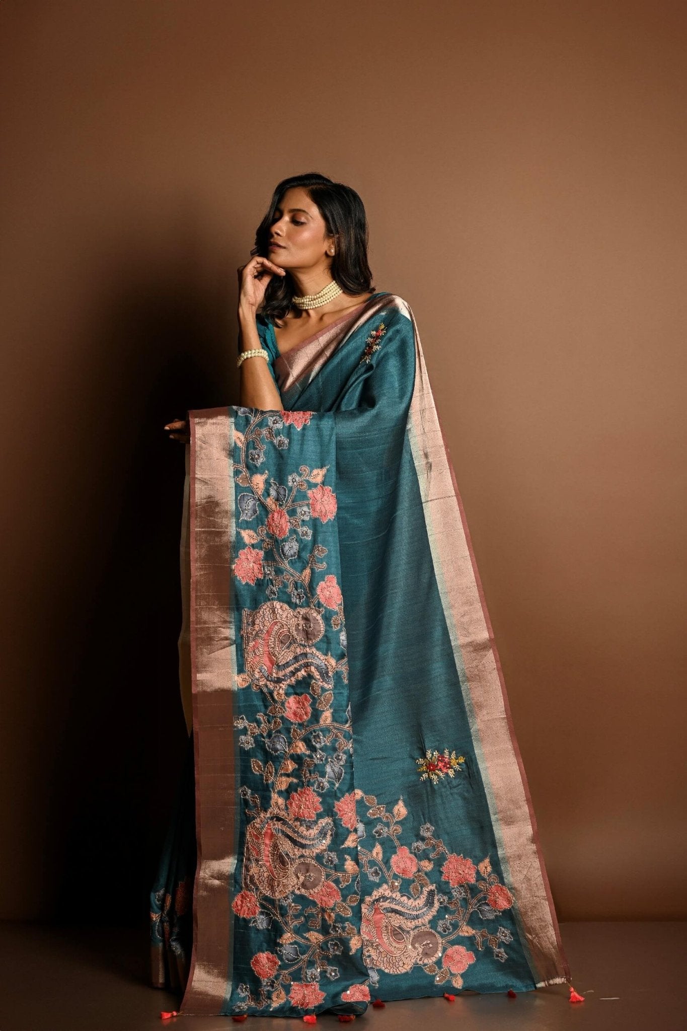 Teal Blue Kantha Stitch Saree in Silk with Gold Border - Anvi Couture