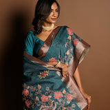 Teal Blue Kantha Stitch Saree in Silk with Gold Border - Anvi Couture