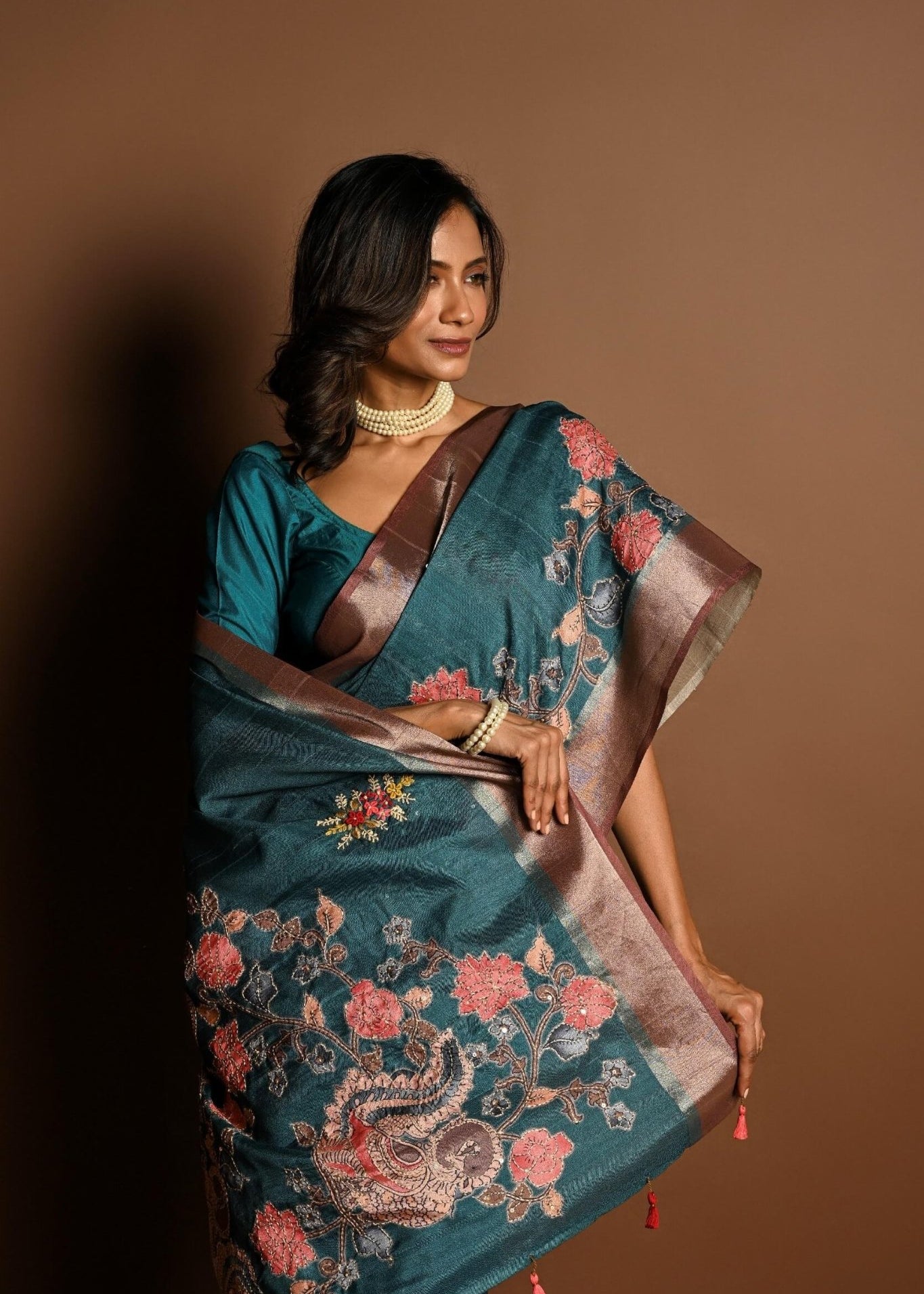 Teal Blue Kantha Stitch Saree in Silk with Gold Border - Anvi Couture