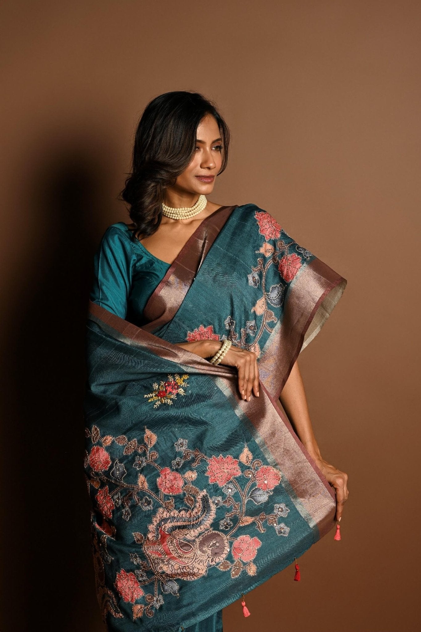 Teal Blue Kantha Stitch Saree in Silk with Gold Border - Anvi Couture