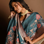 Teal Blue Kantha Stitch Saree in Silk with Gold Border - Anvi Couture