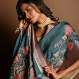 Teal Blue Kantha Stitch Saree in Silk with Gold Border - Anvi Couture