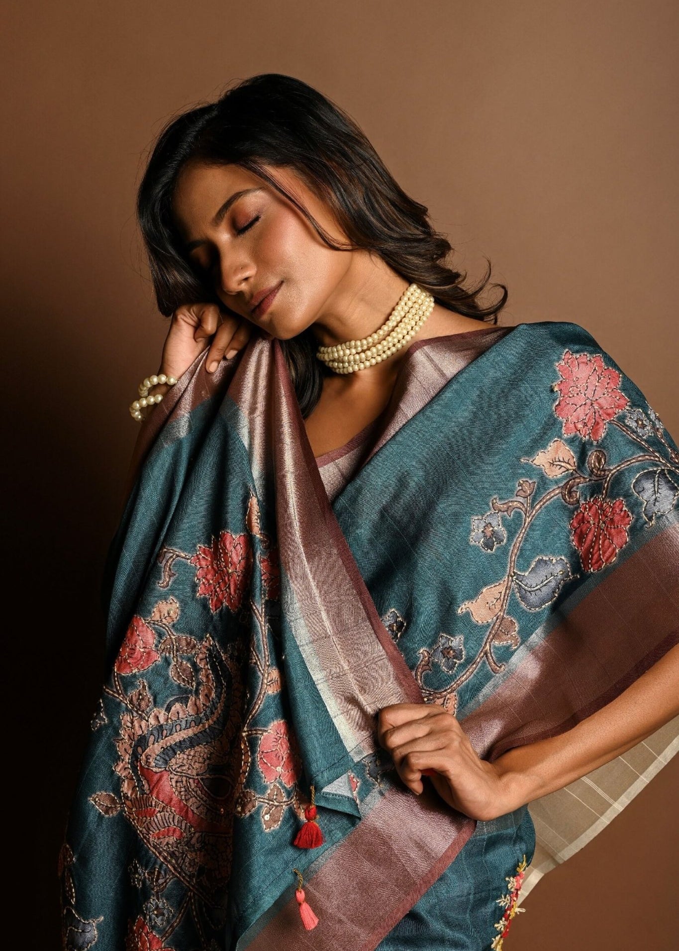 Teal Blue Kantha Stitch Saree in Silk with Gold Border - Anvi Couture