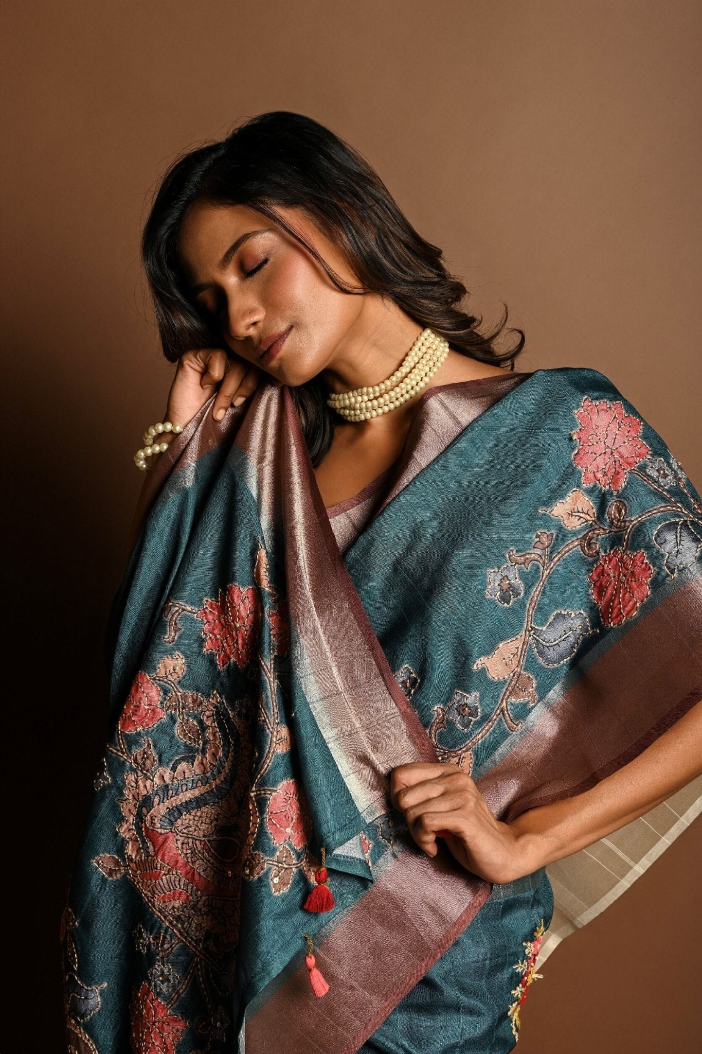 Teal Blue Kantha Stitch Saree in Silk with Gold Border - Anvi Couture