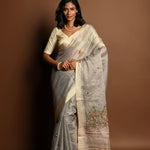 Light Grey Saree in Silk Linen with Floral Embroidery Work - Anvi Couture