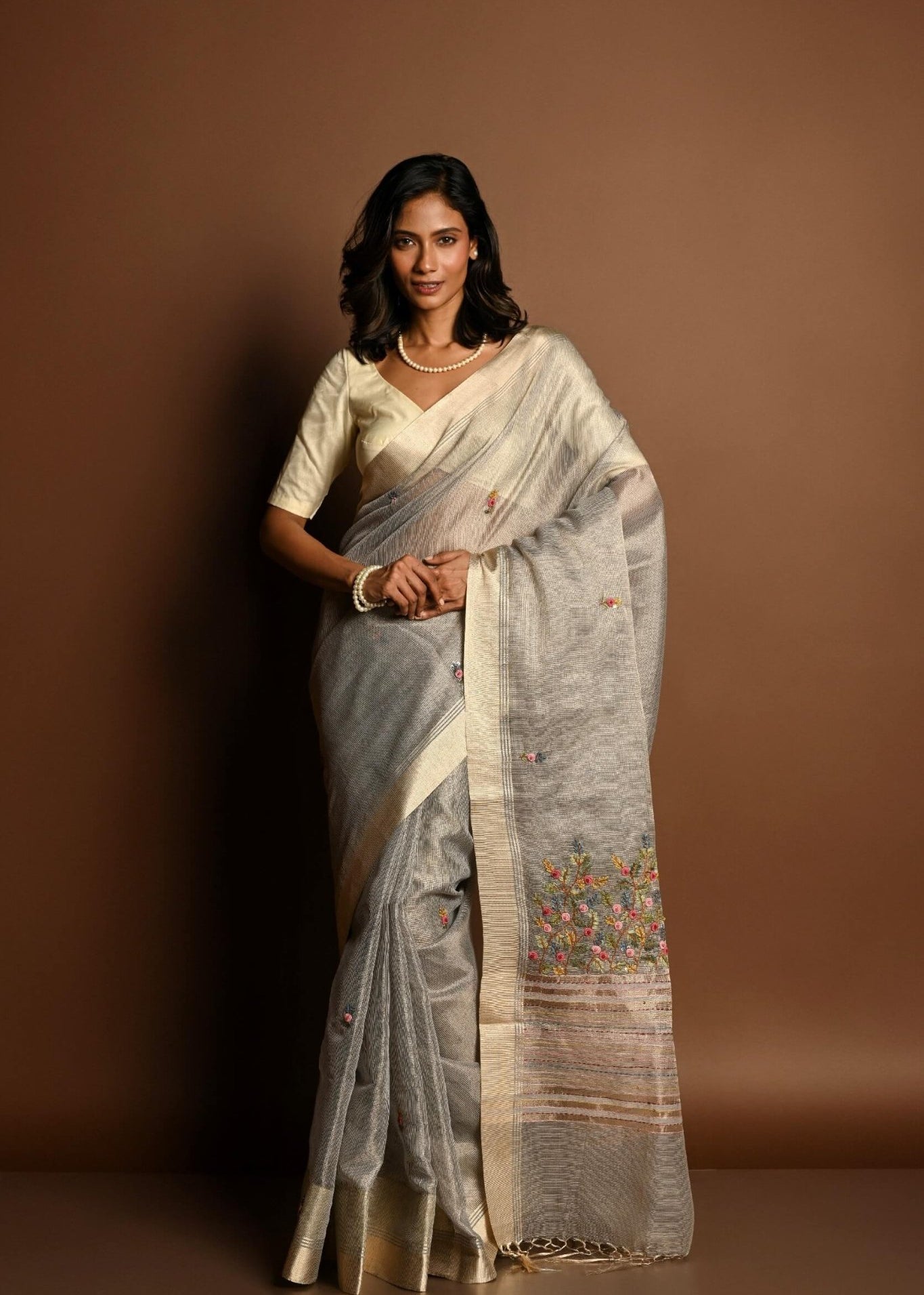 Light Grey Saree in Silk Linen with Floral Embroidery Work - Anvi Couture