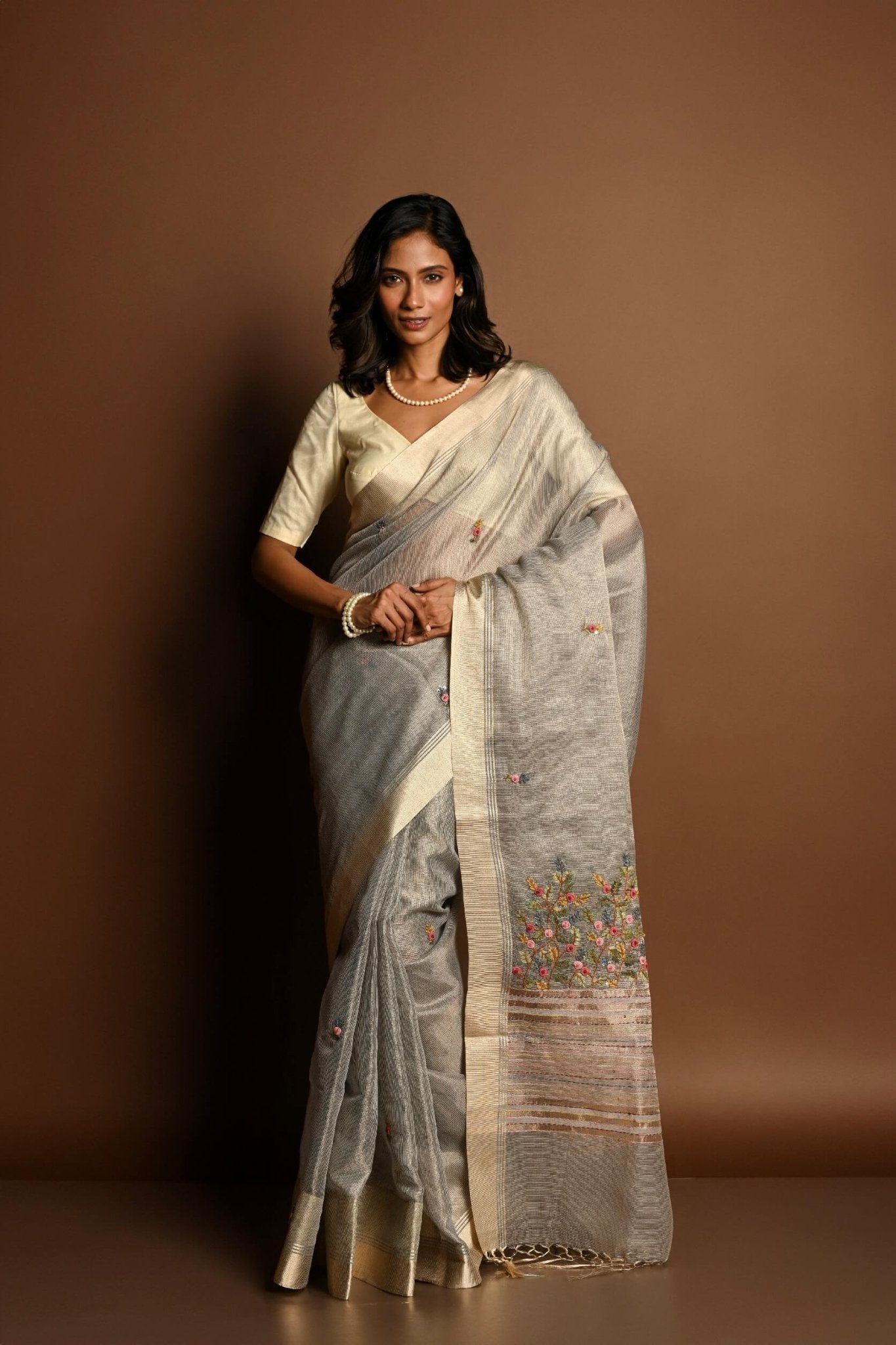 Light Grey Saree in Silk Linen with Floral Embroidery Work - Anvi Couture