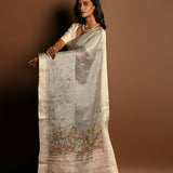 Light Grey Saree in Silk Linen with Floral Embroidery Work - Anvi Couture