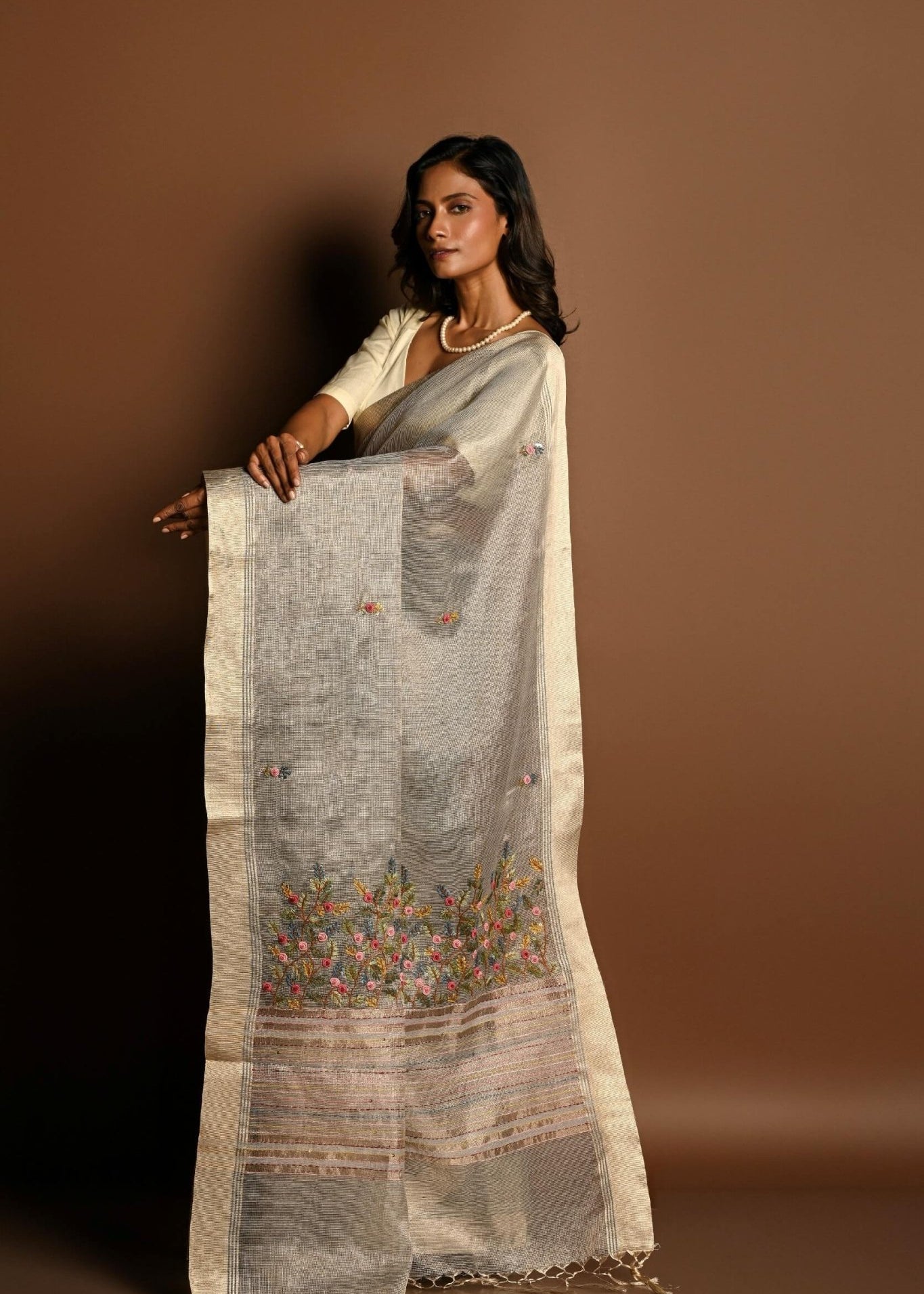 Light Grey Saree in Silk Linen with Floral Embroidery Work - Anvi Couture