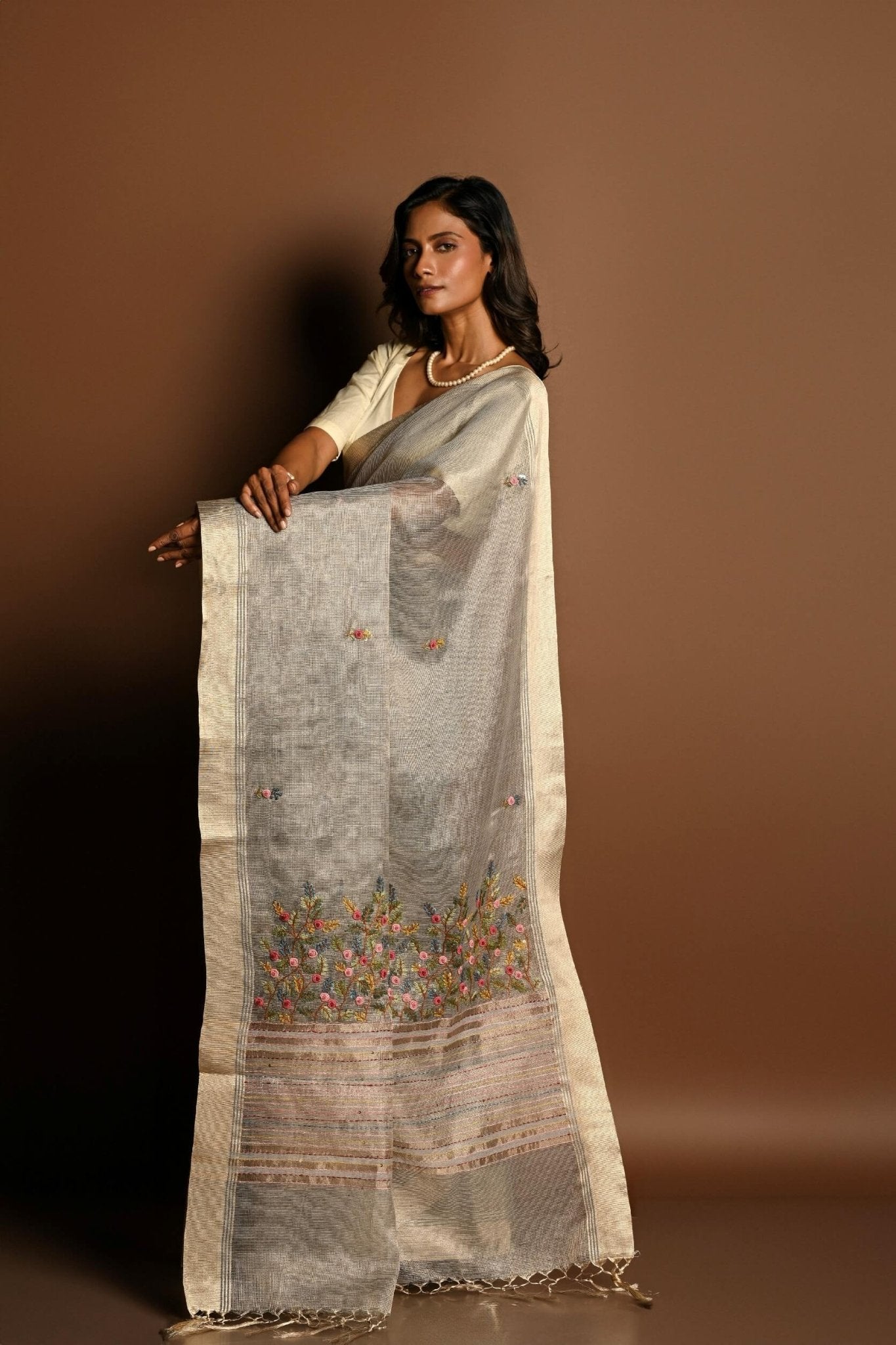 Light Grey Saree in Silk Linen with Floral Embroidery Work - Anvi Couture