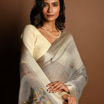 Light Grey Saree in Silk Linen with Floral Embroidery Work - Anvi Couture