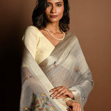 Light Grey Saree in Silk Linen with Floral Embroidery Work - Anvi Couture