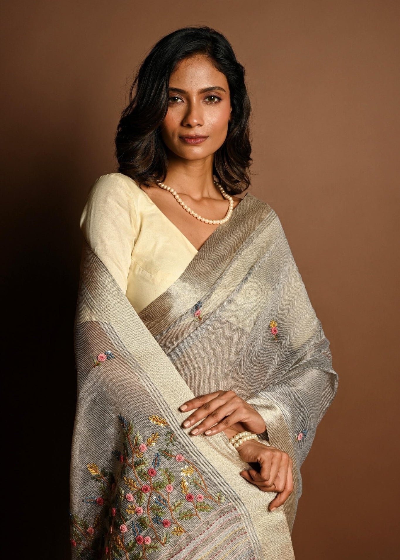 Light Grey Saree in Silk Linen with Floral Embroidery Work - Anvi Couture