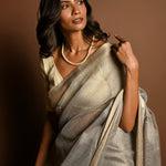 Light Grey Saree in Silk Linen with Floral Embroidery Work - Anvi Couture