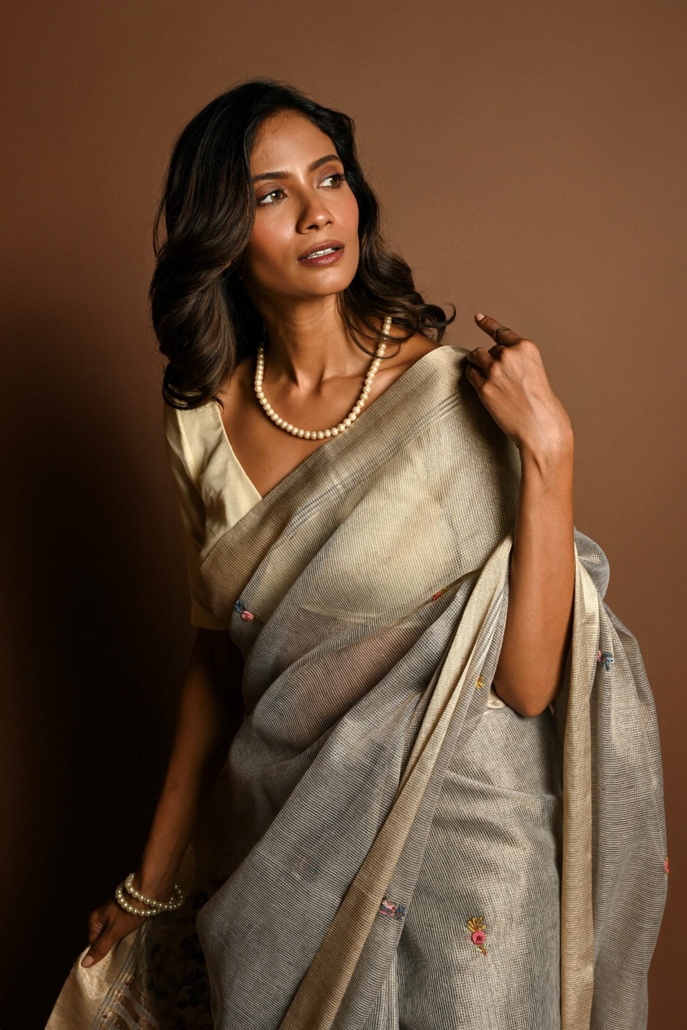 Light Grey Saree in Silk Linen with Floral Embroidery Work - Anvi Couture