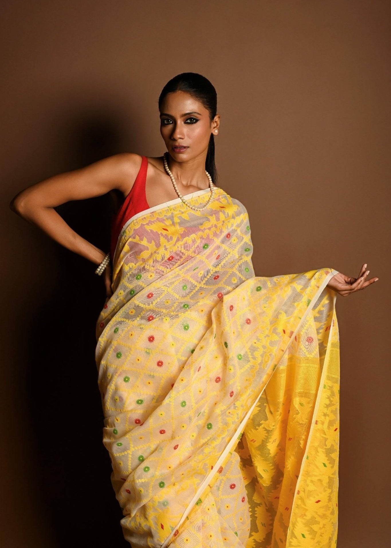 Yellow Pure Tant Jamdani Saree with All Over Red and Green Buta - Anvi Couture