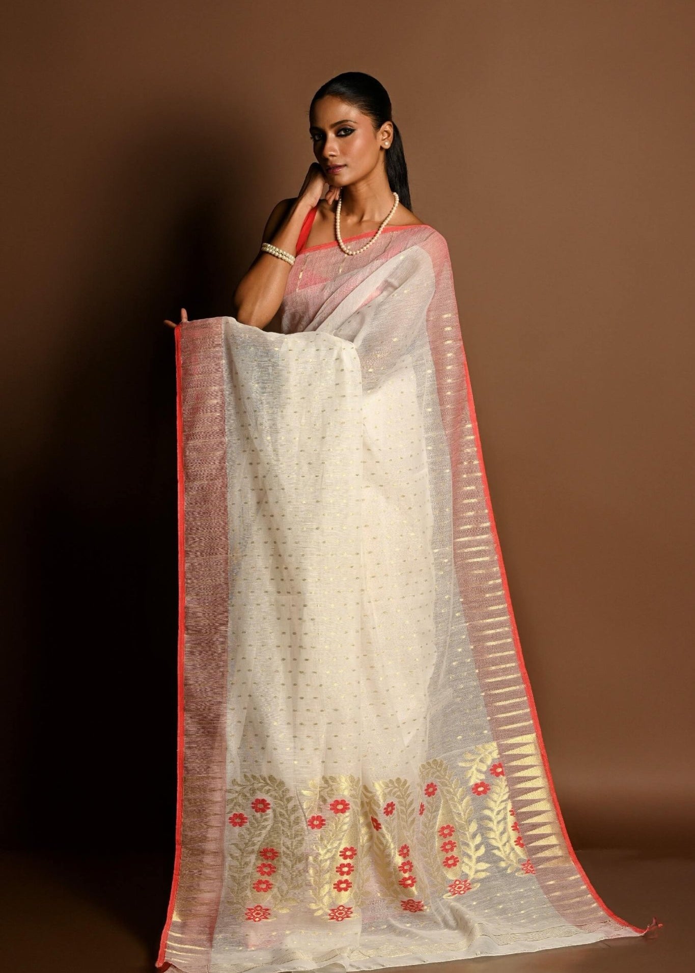 Red and White Tant Jamdani with Gold Zari Work - Anvi Couture