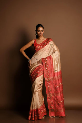 Red and White Tussar Silk Saree with Kantha Stitch Embroidery