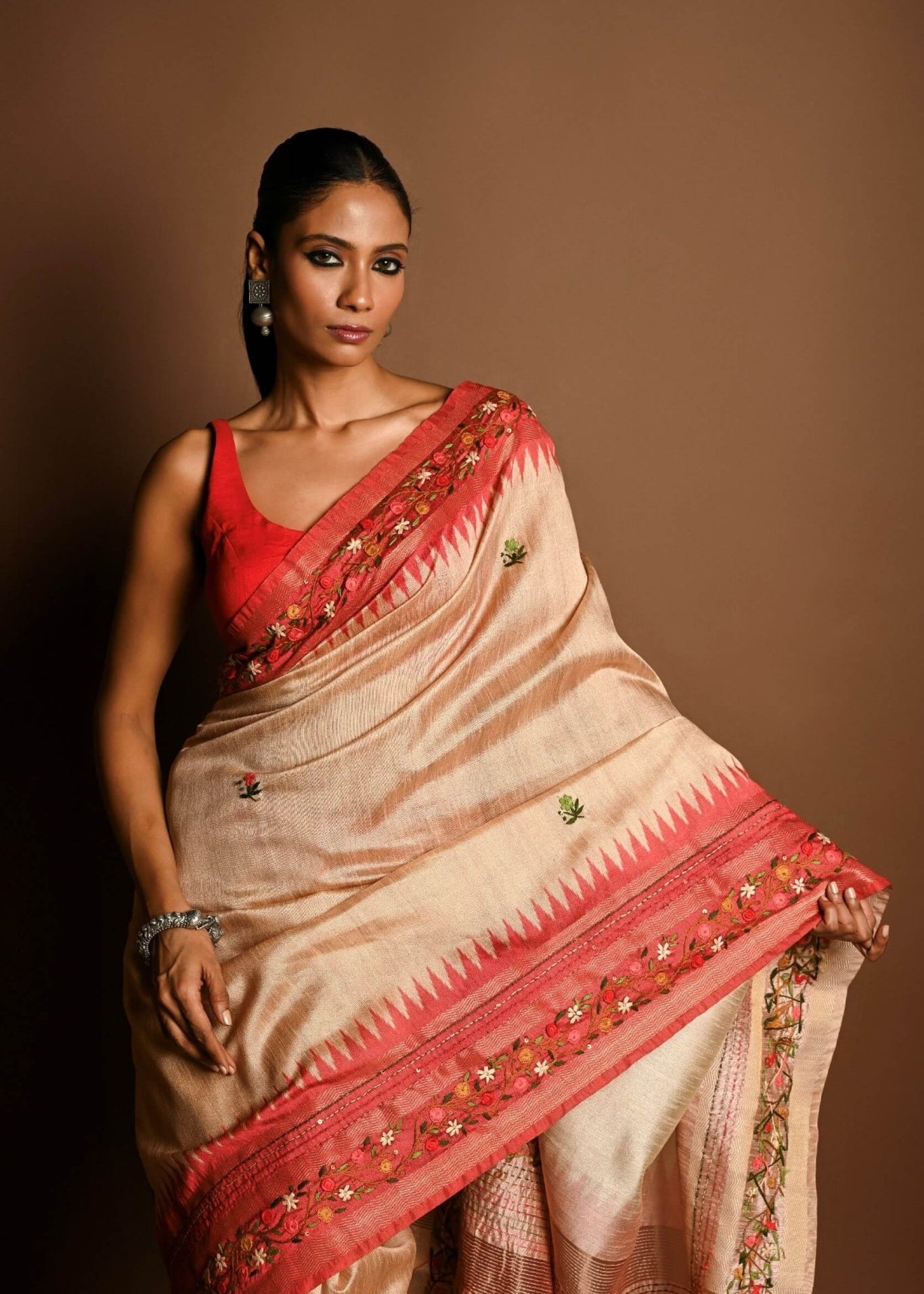 Red and White Tussar Silk Saree with Kantha Stitch Embroidery - Anvi Couture