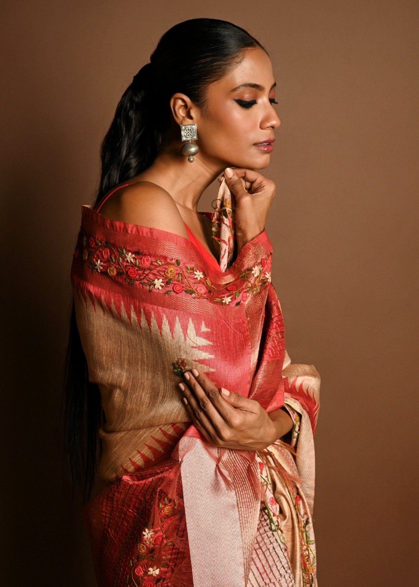 Red and White Tussar Silk Saree with Kantha Stitch Embroidery - Anvi Couture