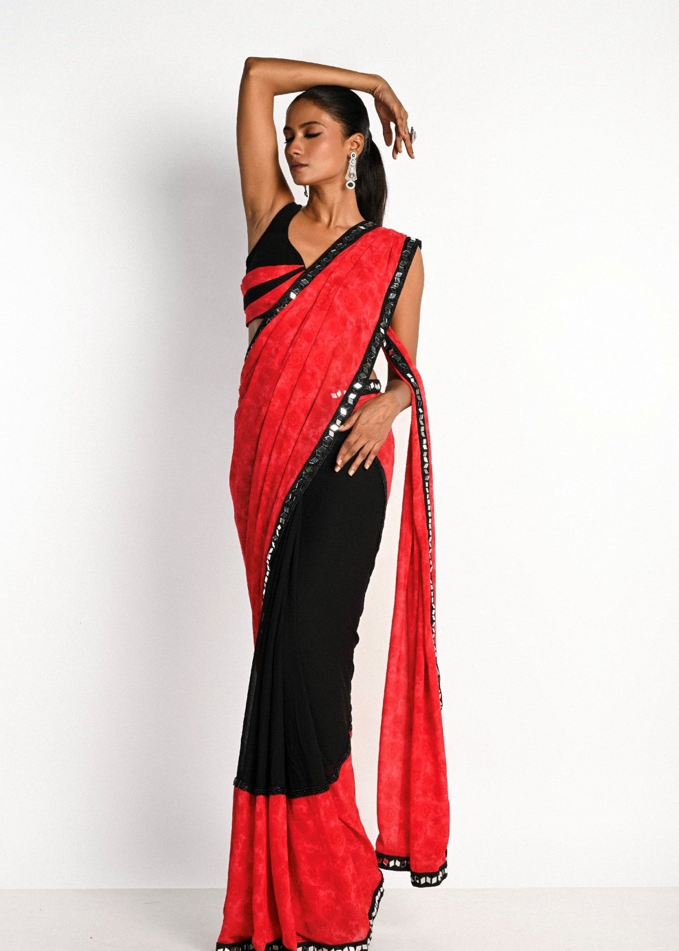 Pink and Black Printed Saree in Georgette with Plunging Neck Pleated Designer Blouse - Anvi Couture