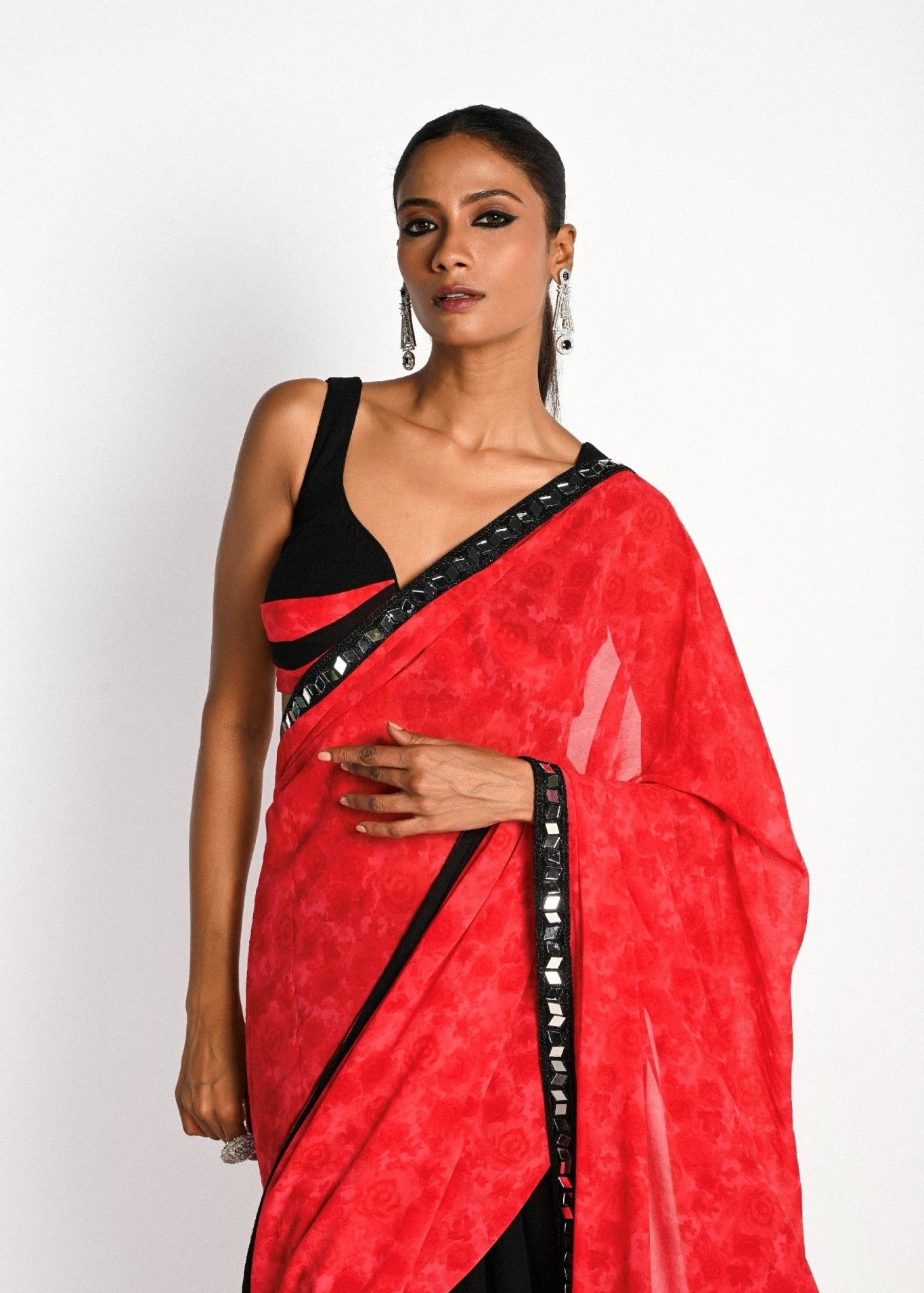 Pink and Black Printed Saree in Georgette with Plunging Neck Pleated Designer Blouse - Anvi Couture