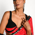 Pink and Black Printed Saree in Georgette with Plunging Neck Pleated Designer Blouse - Anvi Couture