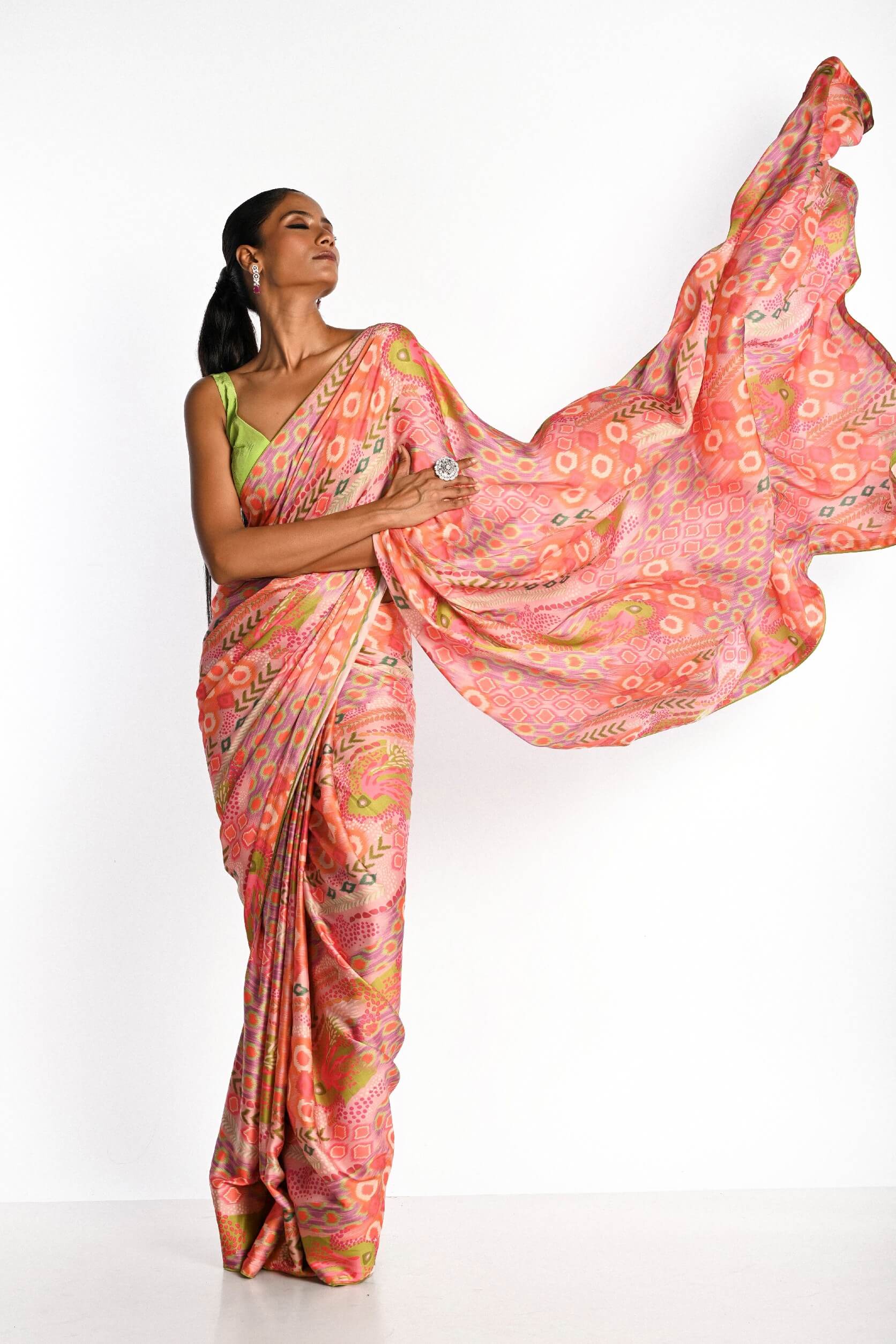 Multicolor Printed Satin Silk Saree - Anvi Couture