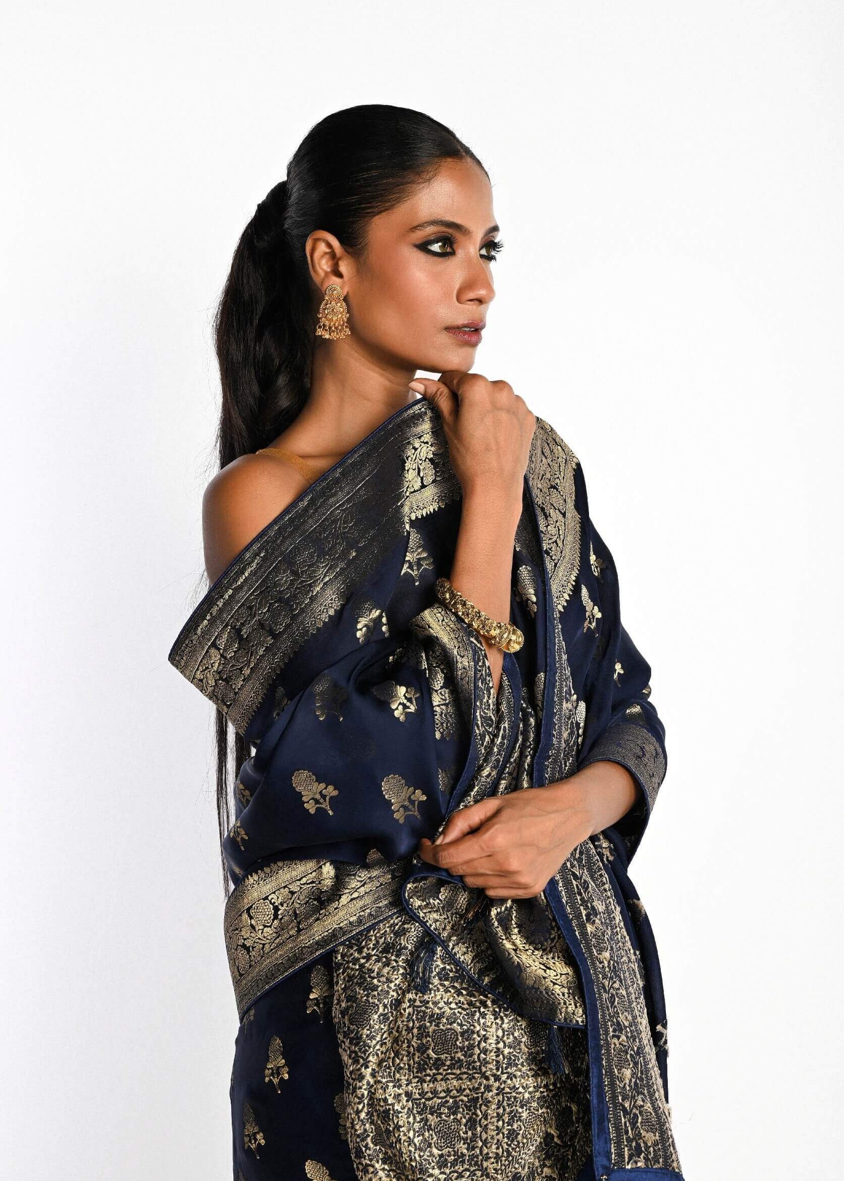 Navy Blue Mashru Satin Silk Banarasi with Matt Gold Zari Work - Anvi Couture