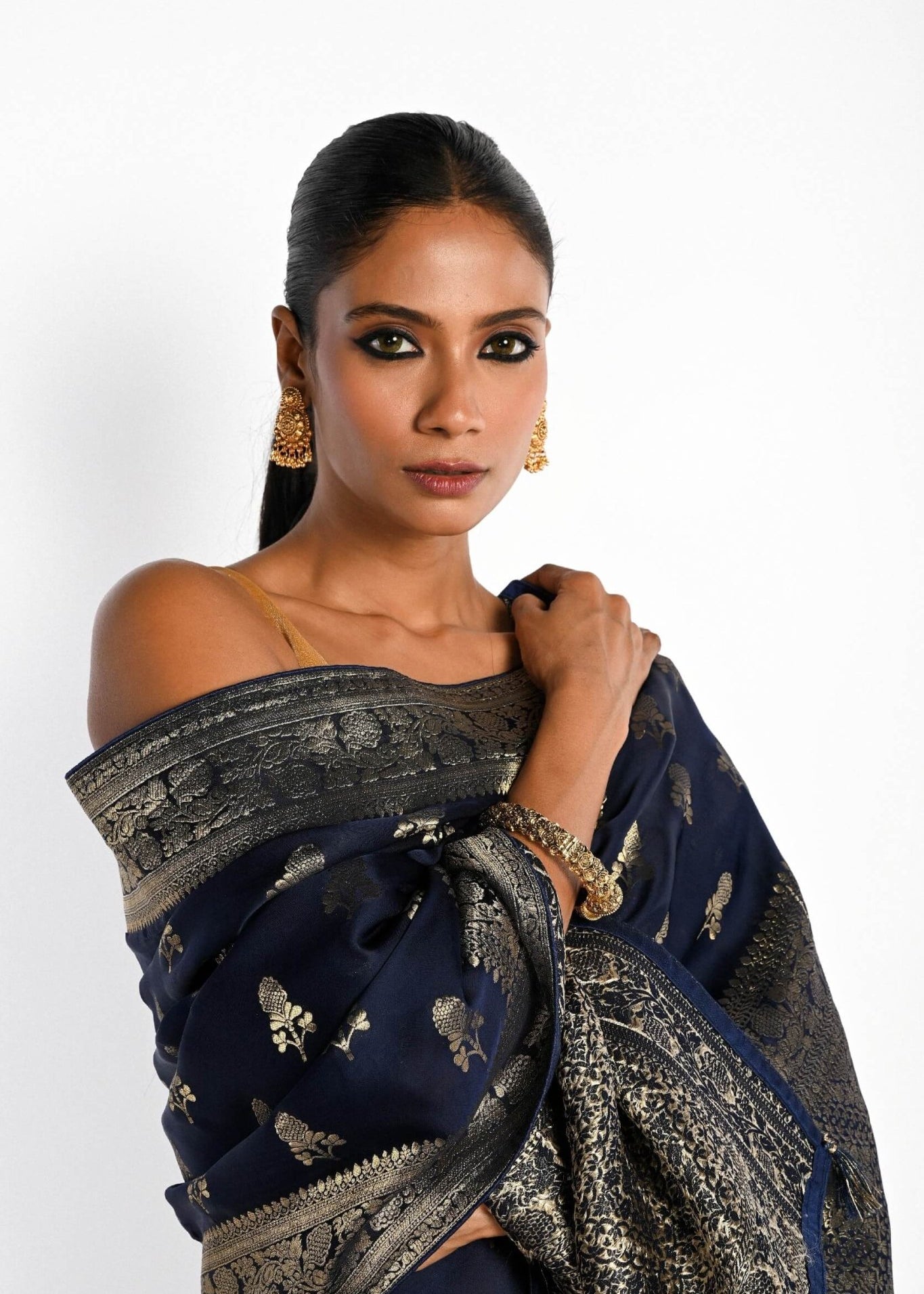 Navy Blue Mashru Satin Silk Banarasi with Matt Gold Zari Work - Anvi Couture