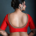 Red Bridal Half Sleeve Blouse in Silk with Aari Work - Anvi Couture