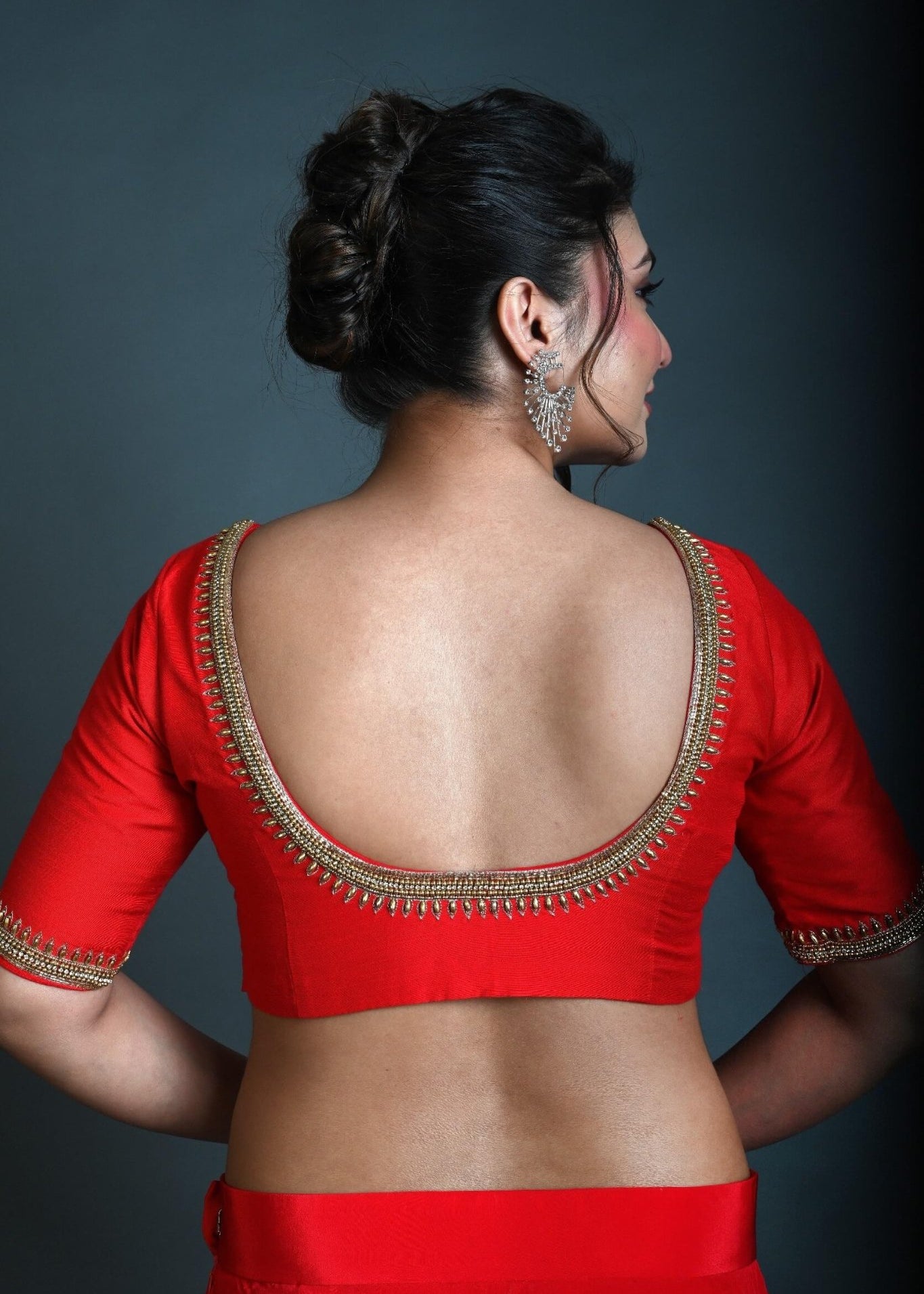 Red Bridal Half Sleeve Blouse in Silk with Aari Work - Anvi Couture