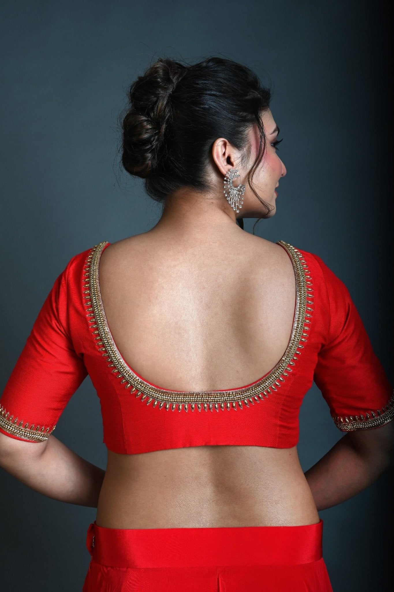 Red Bridal Half Sleeve Blouse in Silk with Aari Work - Anvi Couture