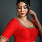 Red Bridal Half Sleeve Blouse in Silk with Aari Work - Anvi Couture