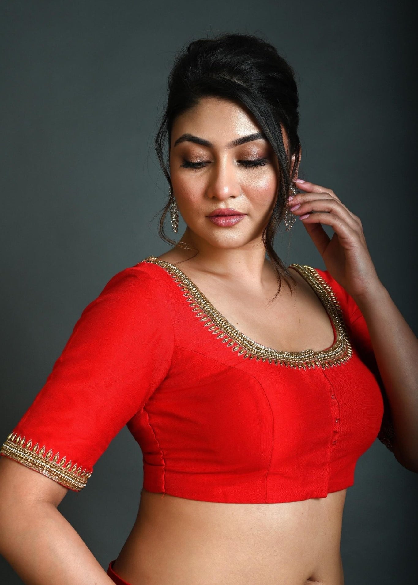 Red Bridal Half Sleeve Blouse in Silk with Aari Work - Anvi Couture