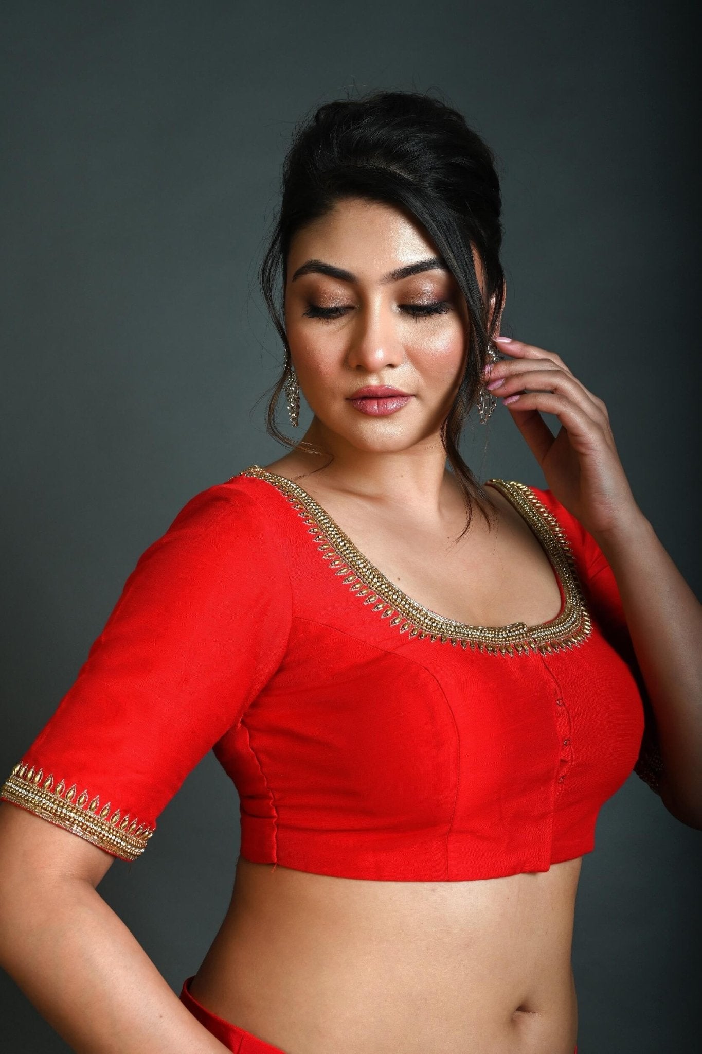 Red Bridal Half Sleeve Blouse in Silk with Aari Work - Anvi Couture