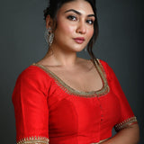 Red Bridal Half Sleeve Blouse in Silk with Aari Work - Anvi Couture