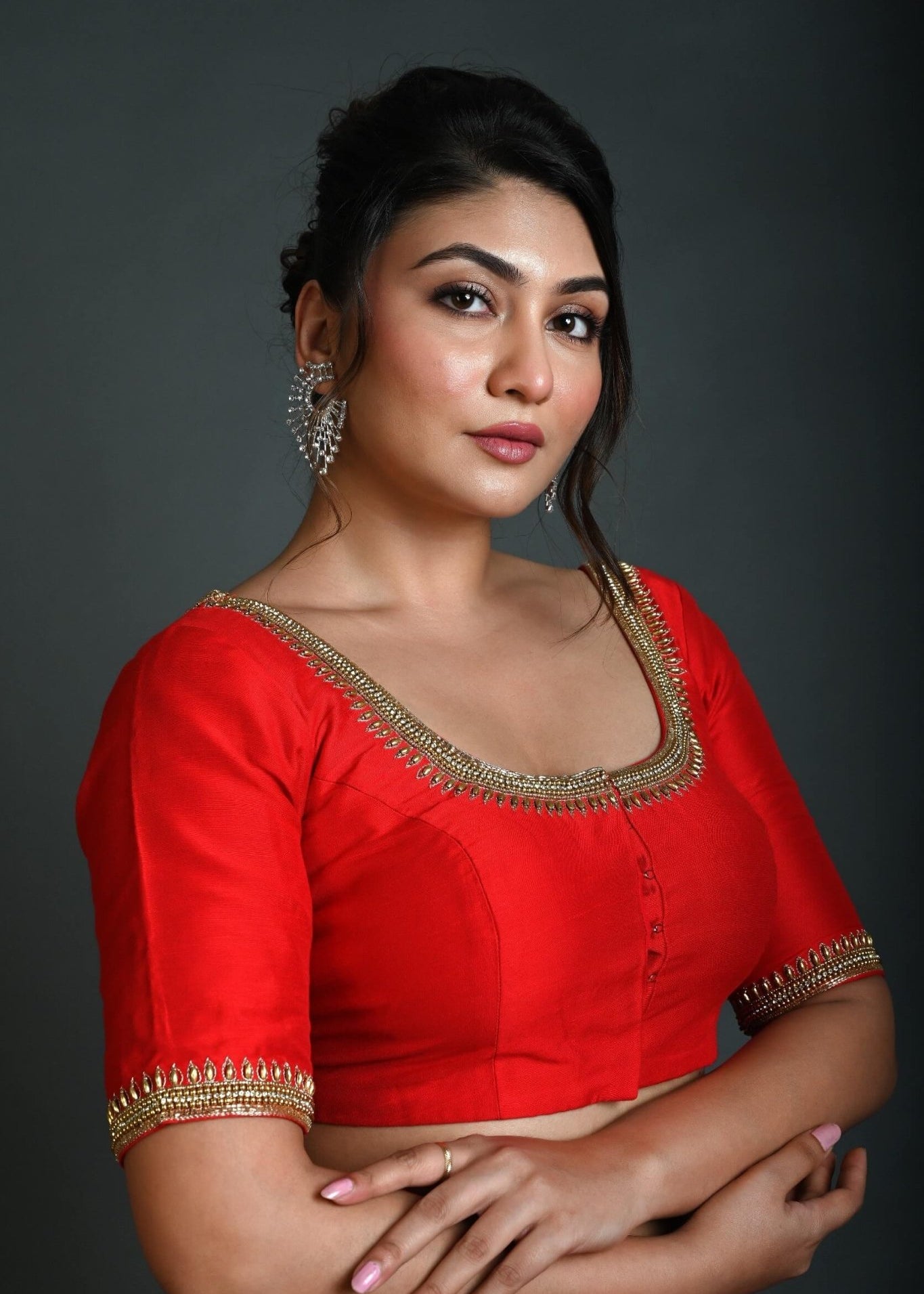 Red Bridal Half Sleeve Blouse in Silk with Aari Work - Anvi Couture