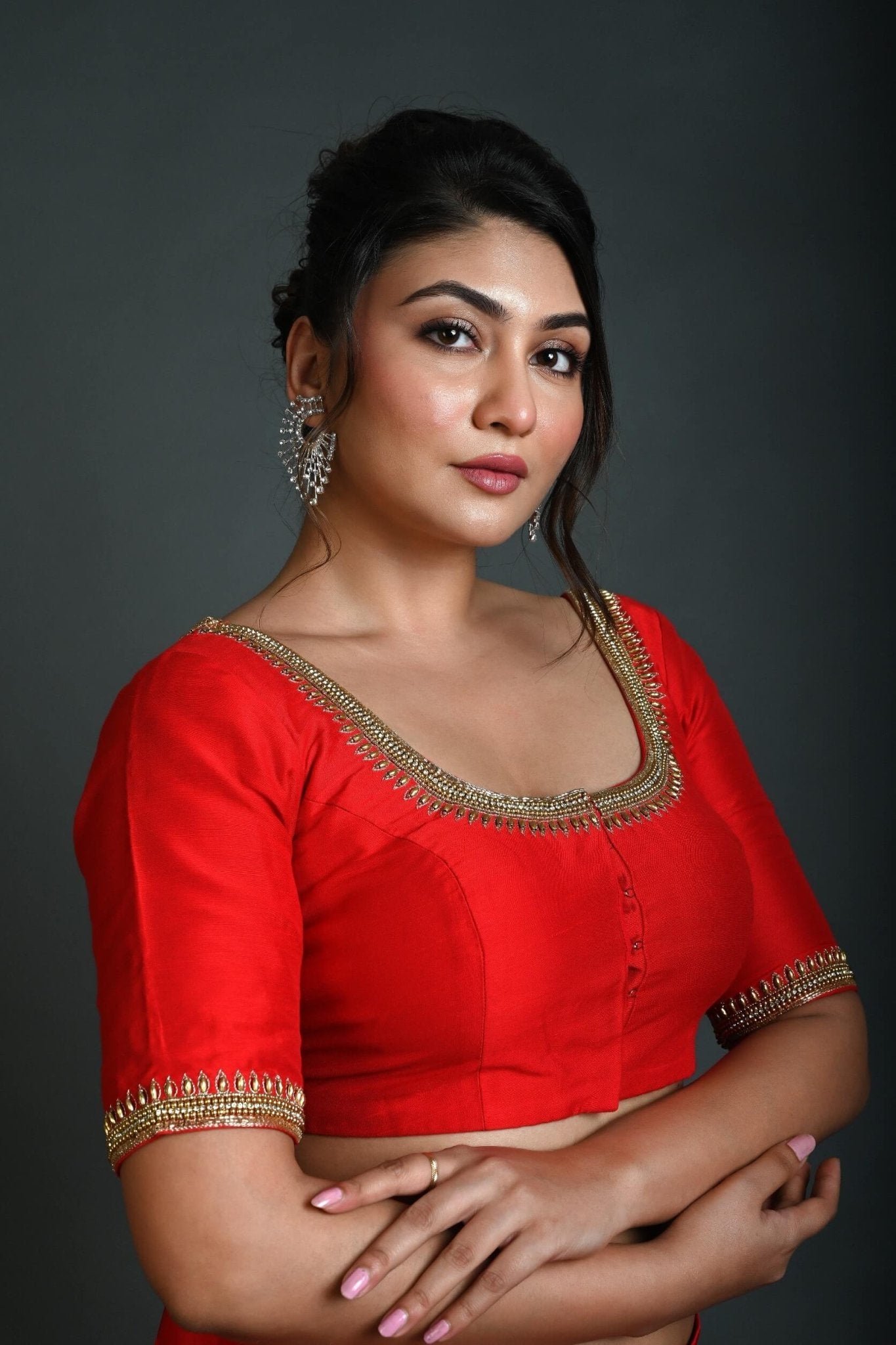 Red Bridal Half Sleeve Blouse in Silk with Aari Work - Anvi Couture