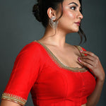 Red Bridal Half Sleeve Blouse in Silk with Aari Work - Anvi Couture